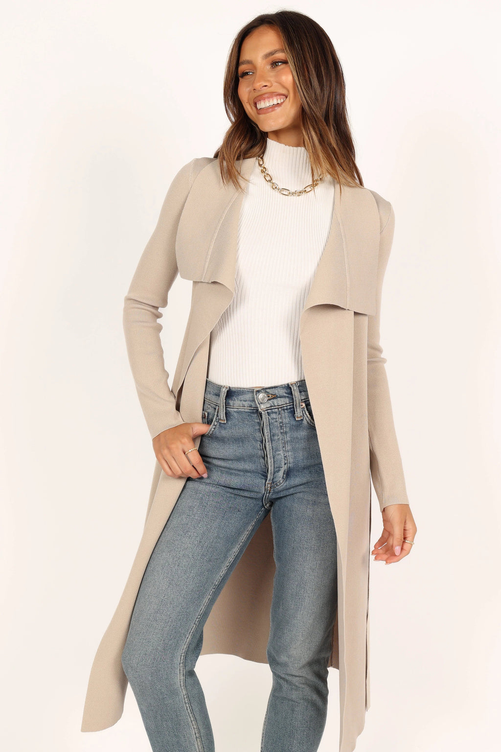 Audrina Longline Rib-Knit Tie-Waist Cardigan
