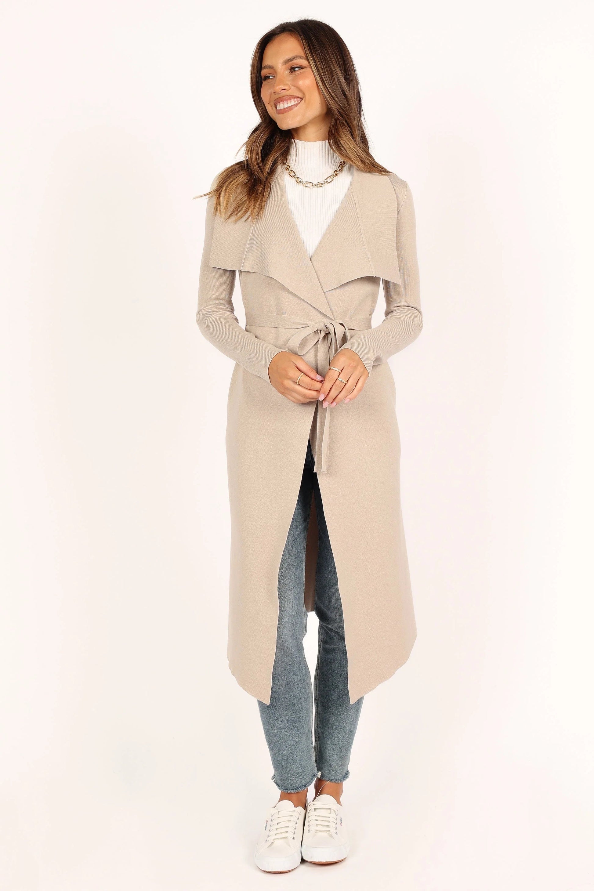 Audrina Longline Rib-Knit Tie-Waist Cardigan