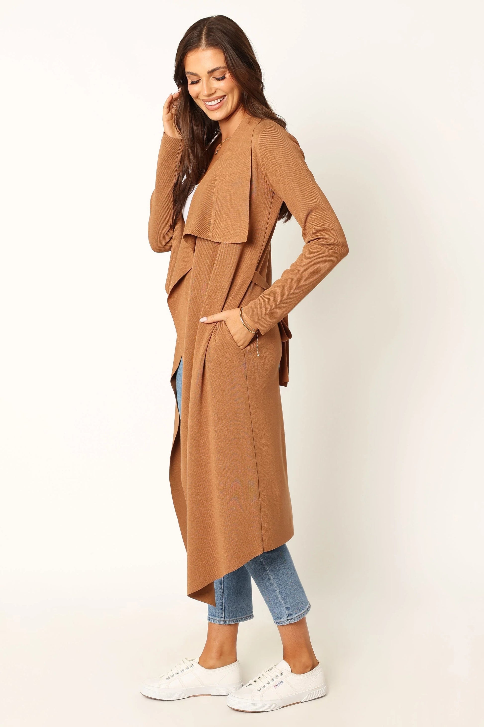 Audrina Longline Rib-Knit Tie-Waist Cardigan