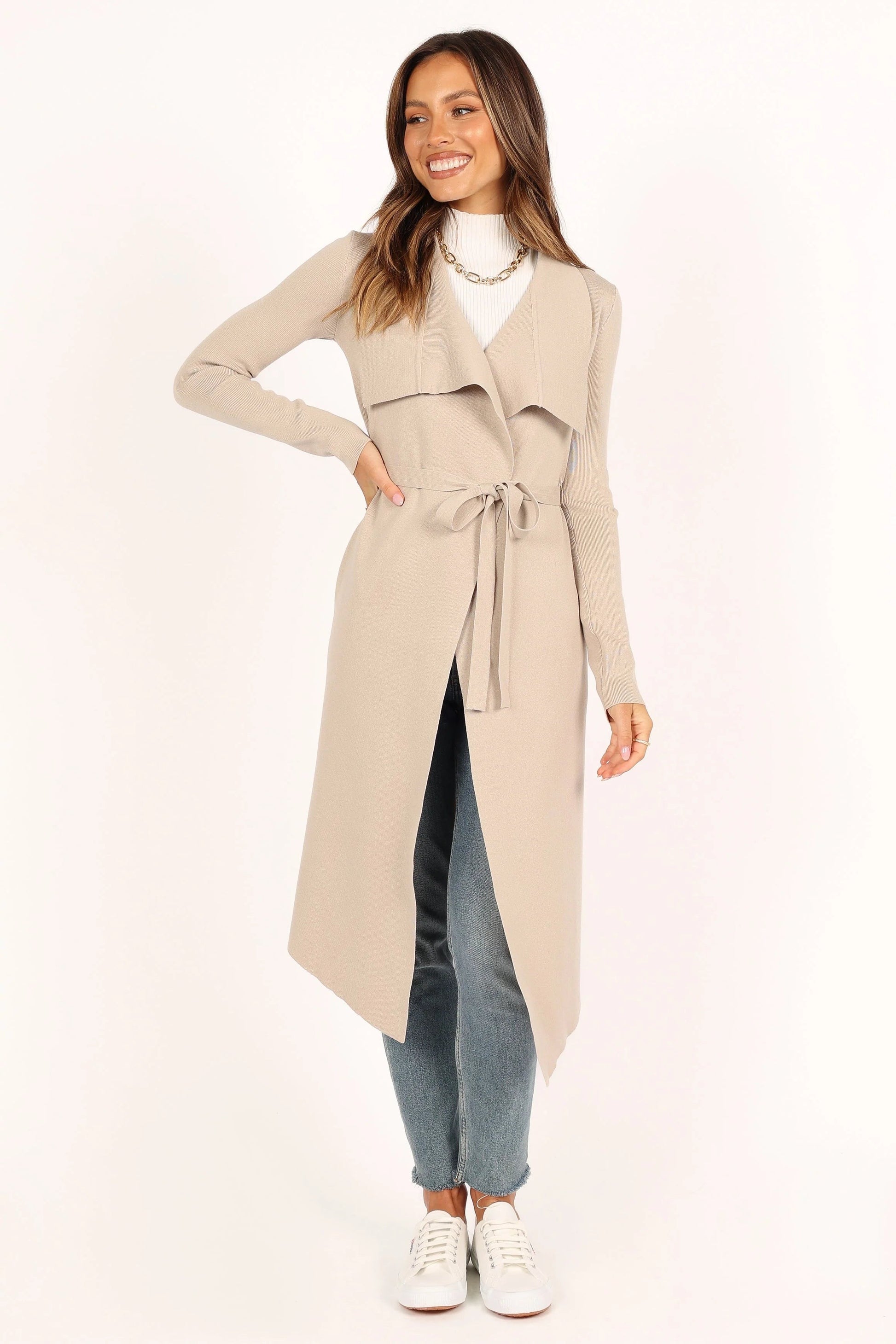 Audrina Longline Rib-Knit Tie-Waist Cardigan