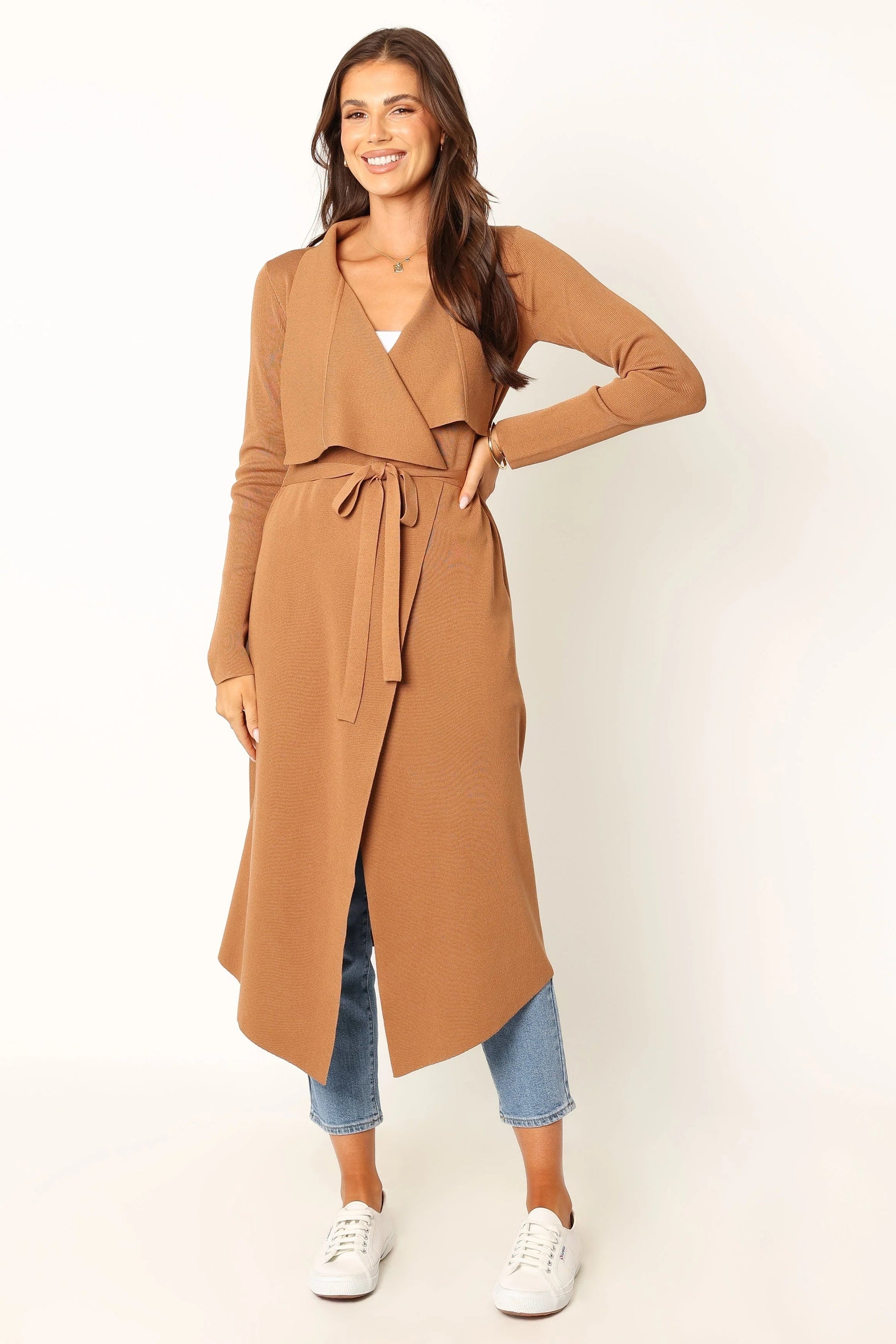 Audrina Longline Rib-Knit Tie-Waist Cardigan