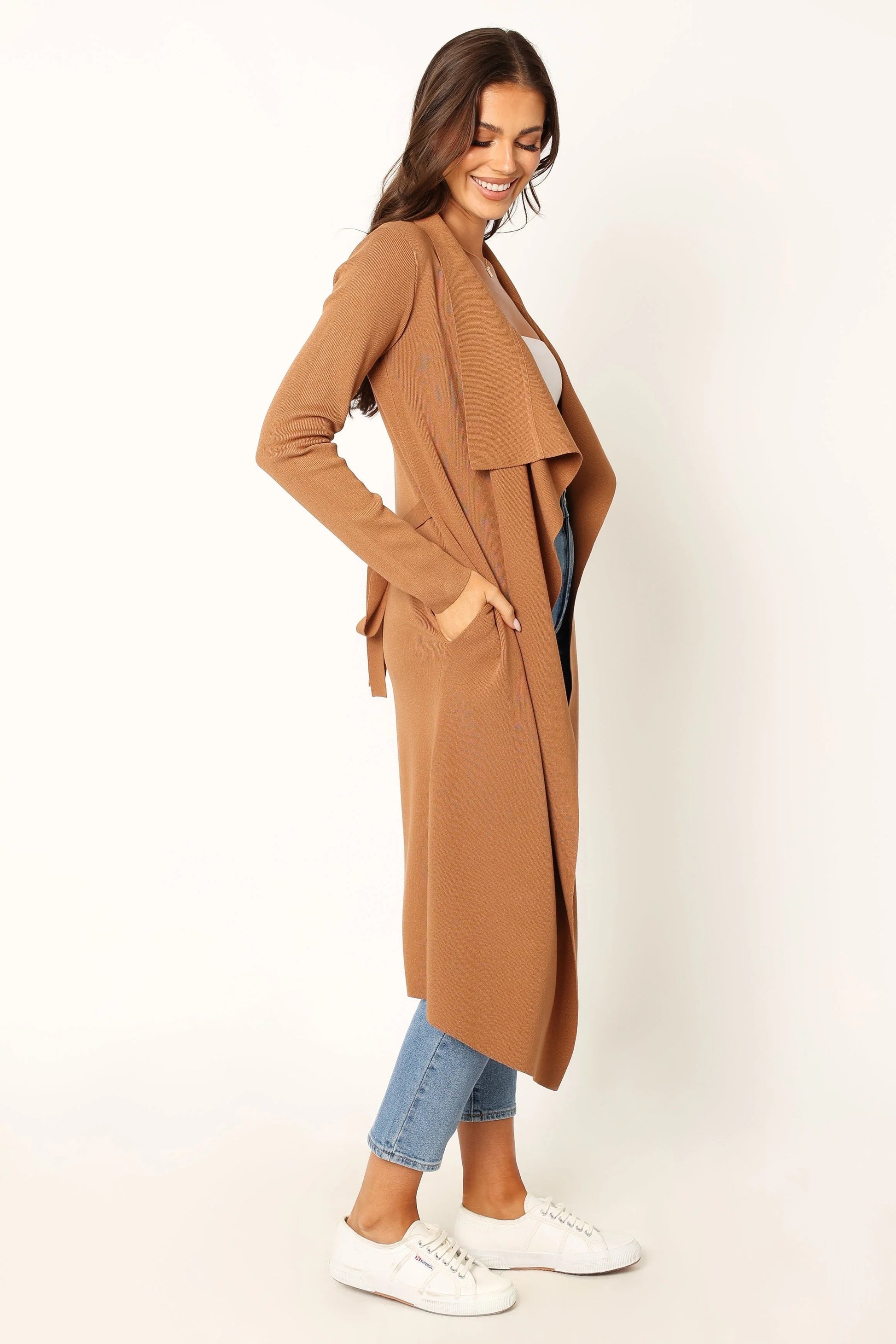 Audrina Longline Rib-Knit Tie-Waist Cardigan