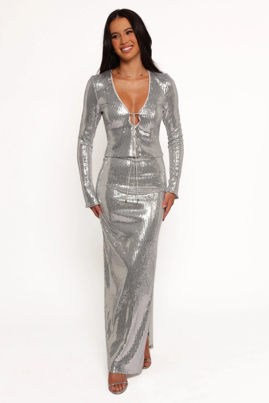 Blaise Silver-Tie Crop-Sequin Top