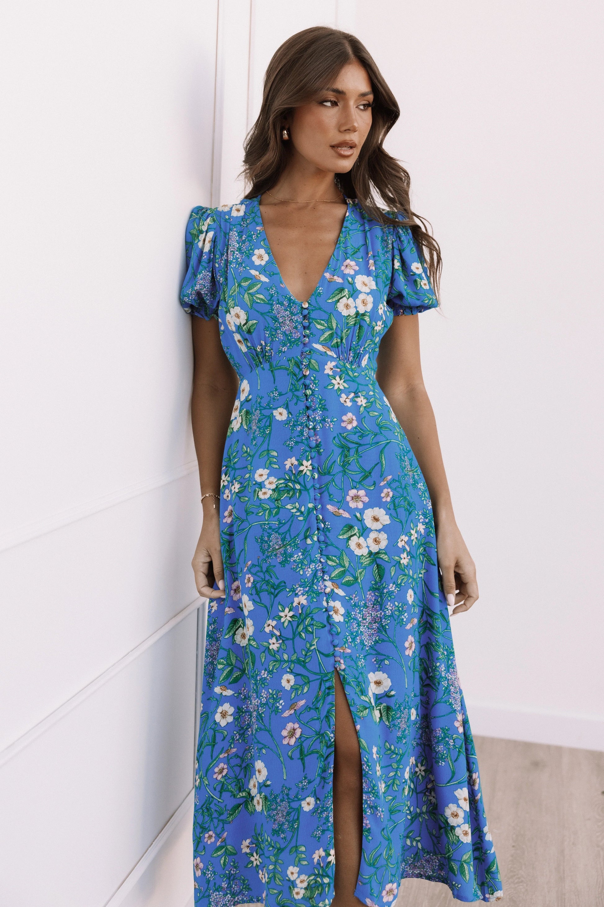 Classic V-Neck Floral Midi Dress