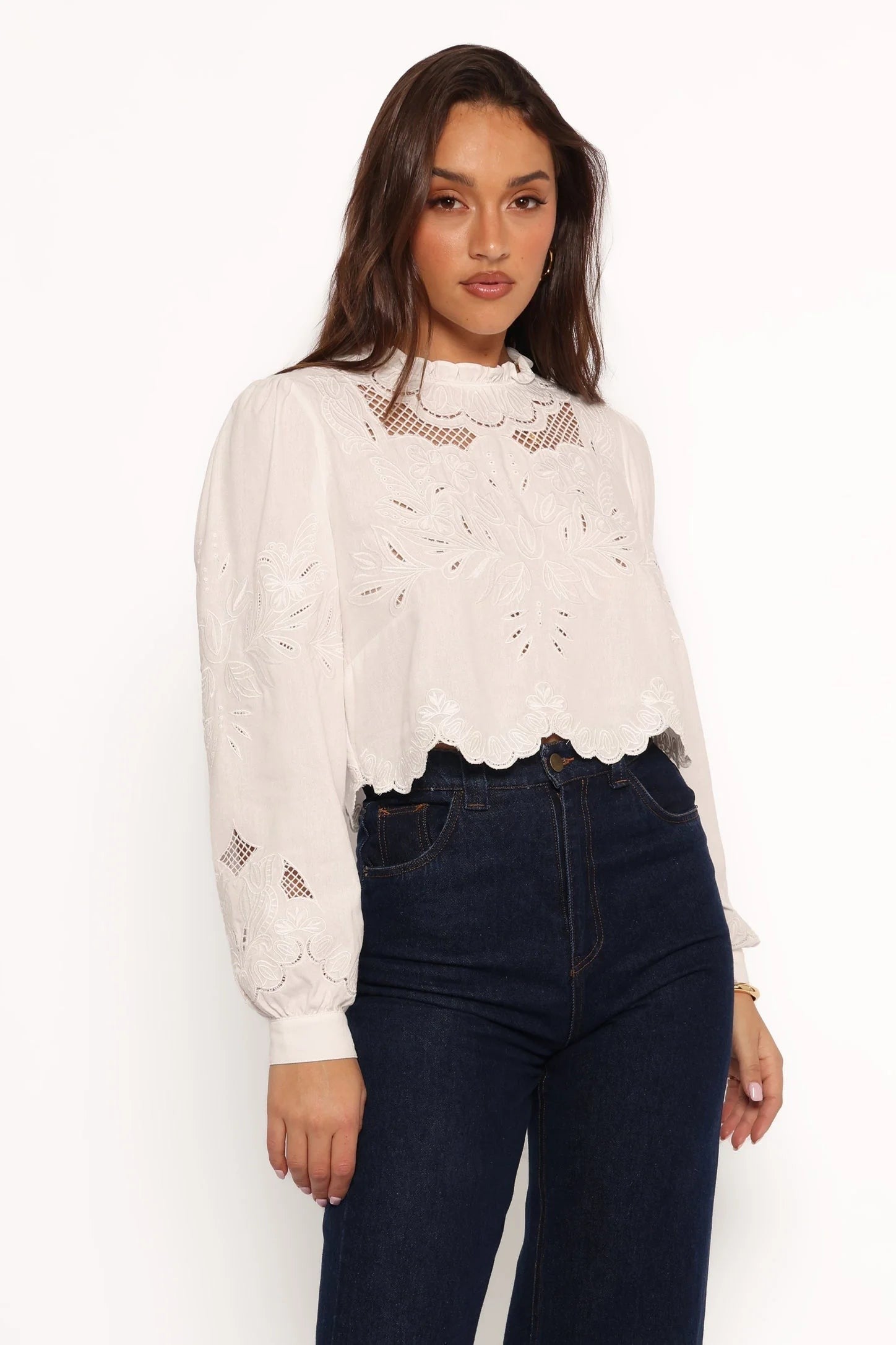 Cropped Ruffle-Neck Linen-Blend Top