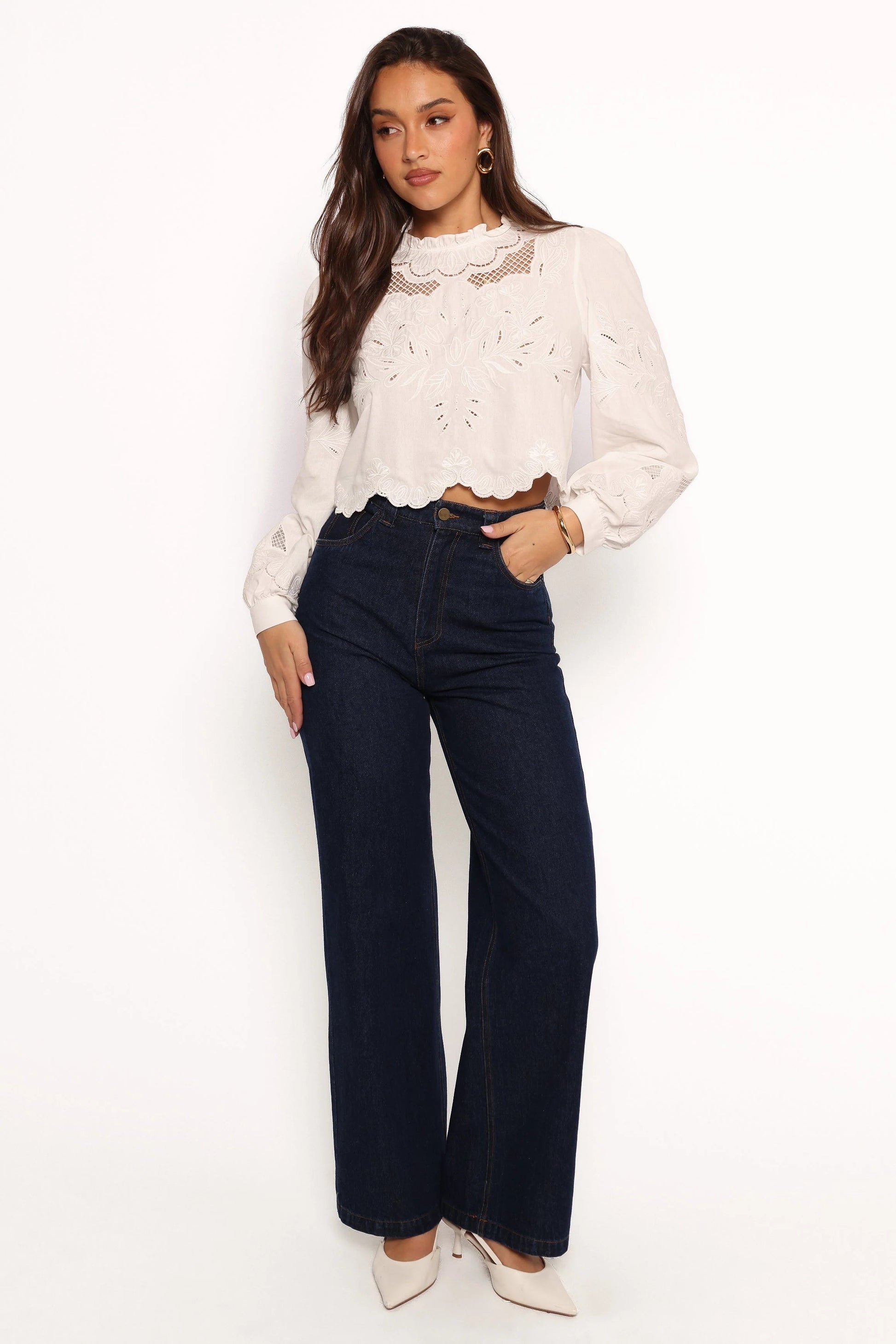 Cropped Ruffle-Neck Linen-Blend Top