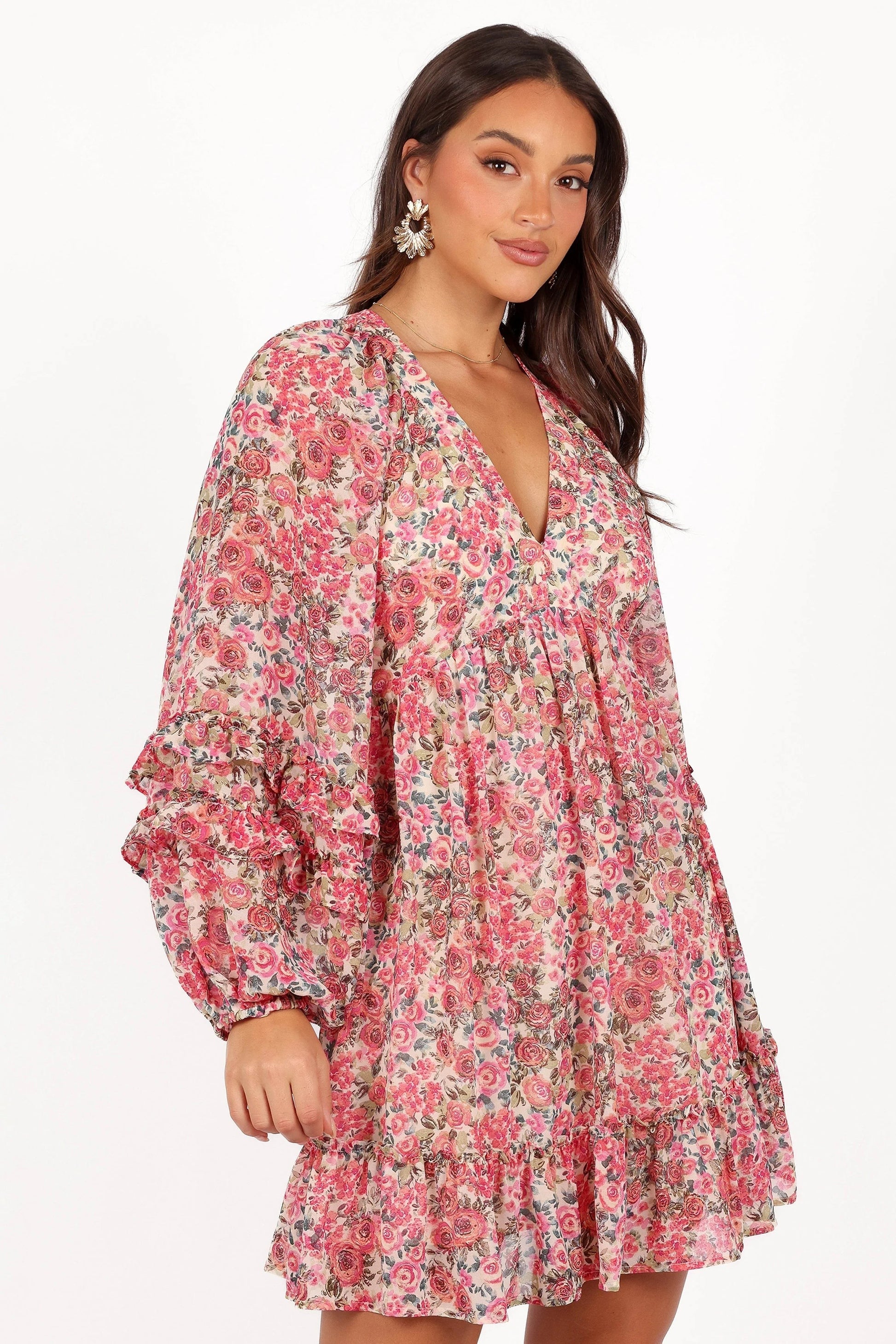 Floral-Print V-Neck Long-Sleeve Mini Dress