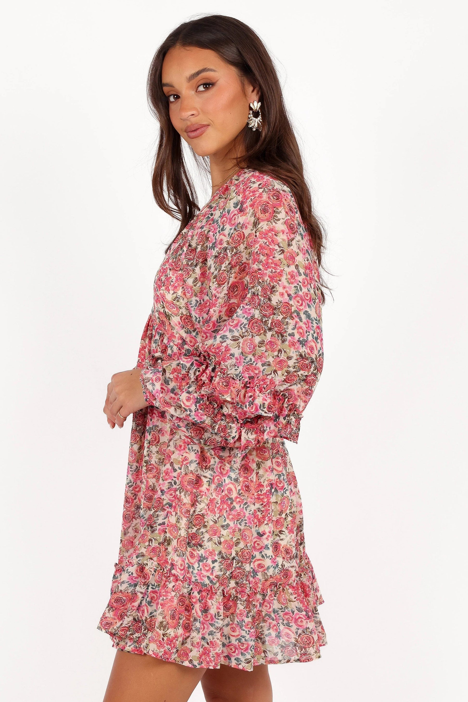 Floral-Print V-Neck Long-Sleeve Mini Dress