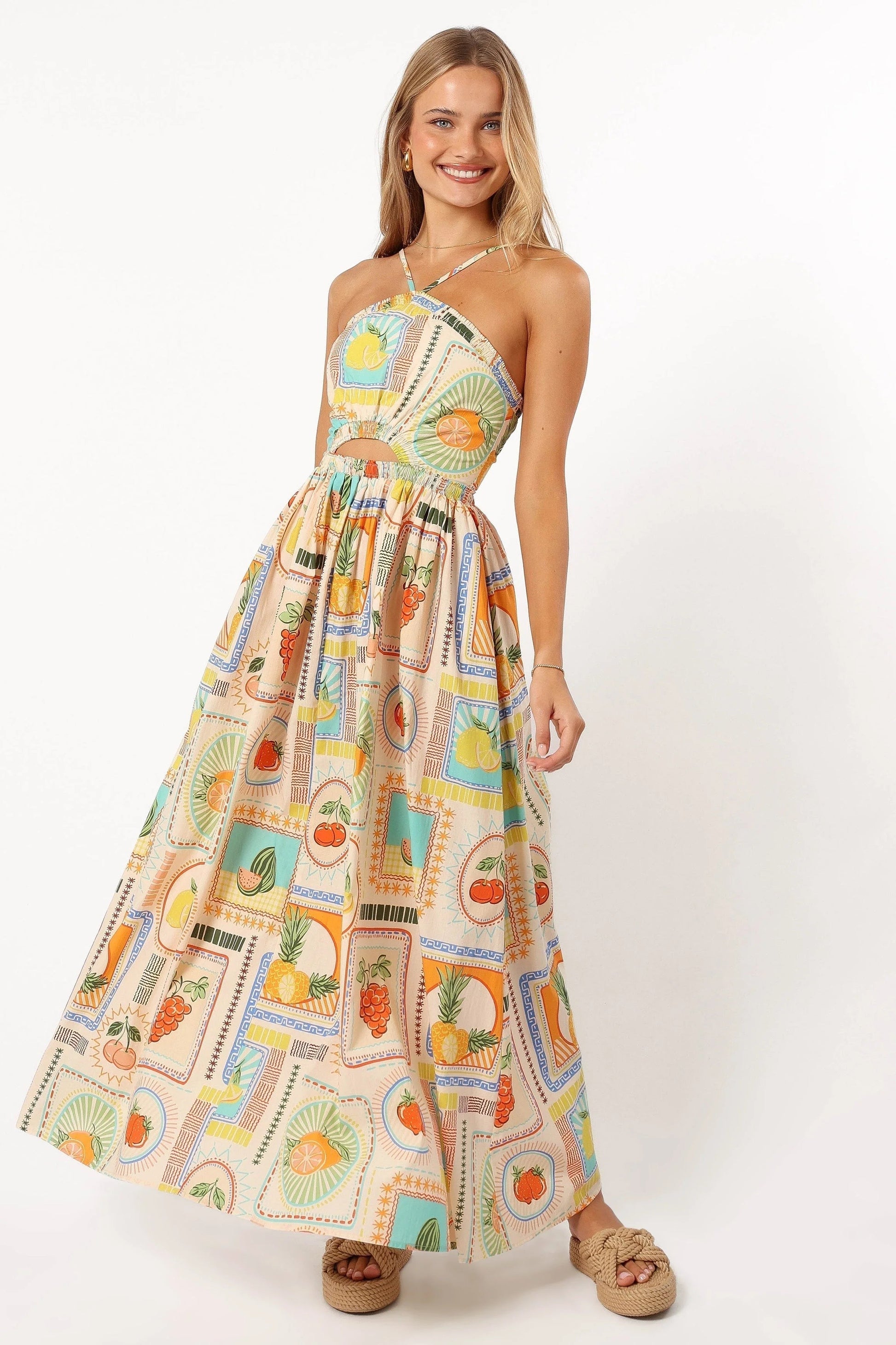 Fruit-Print Halter Maxi Dress