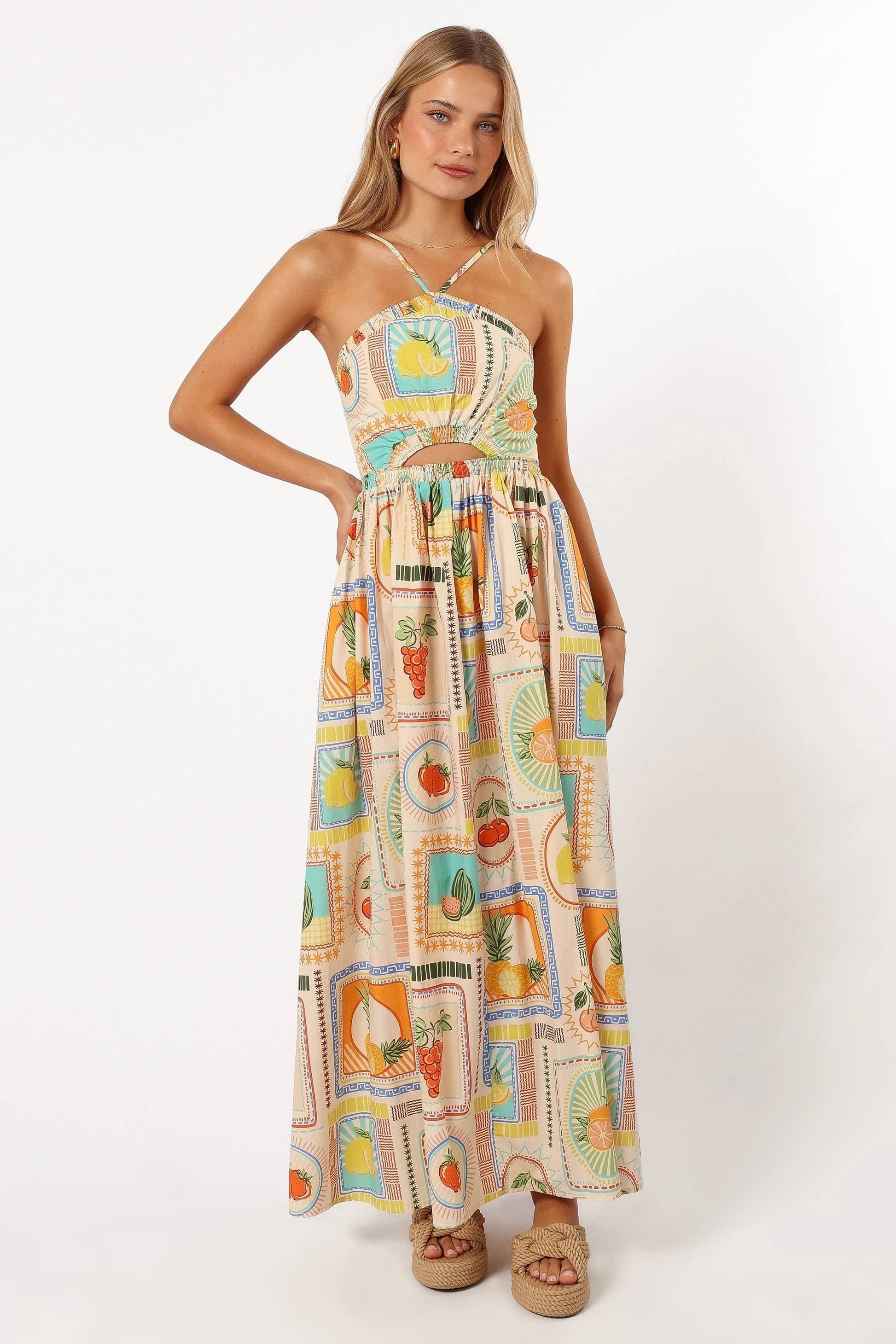 Fruit-Print Halter Maxi Dress