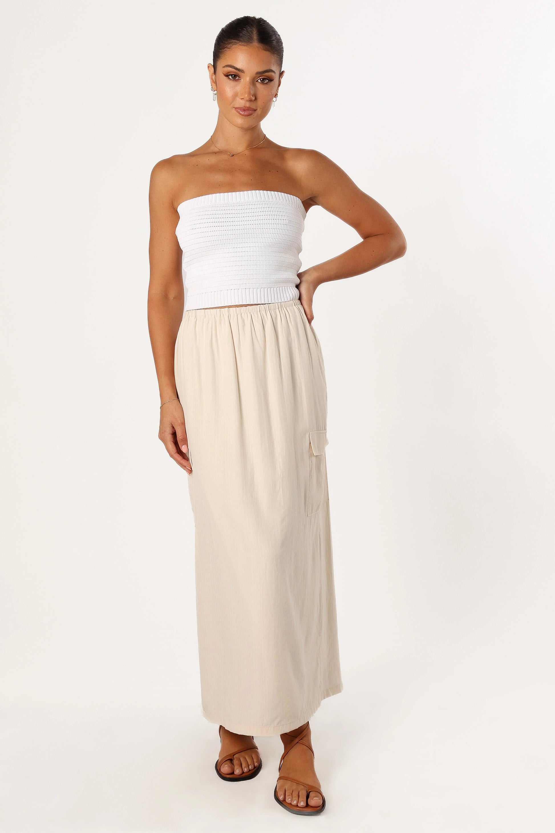 High-Waist Elastic Midi Skirt with Pockets