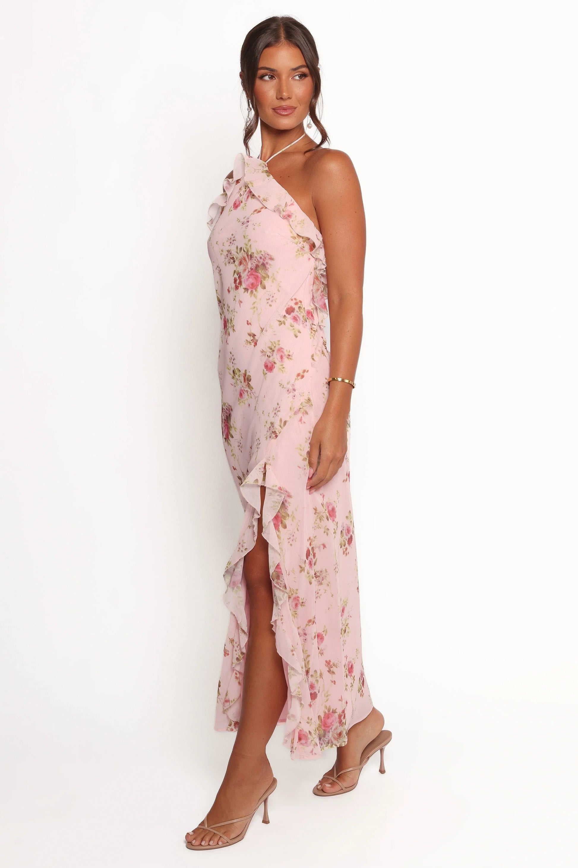 Ruffle-Halter Floral Maxi Dress