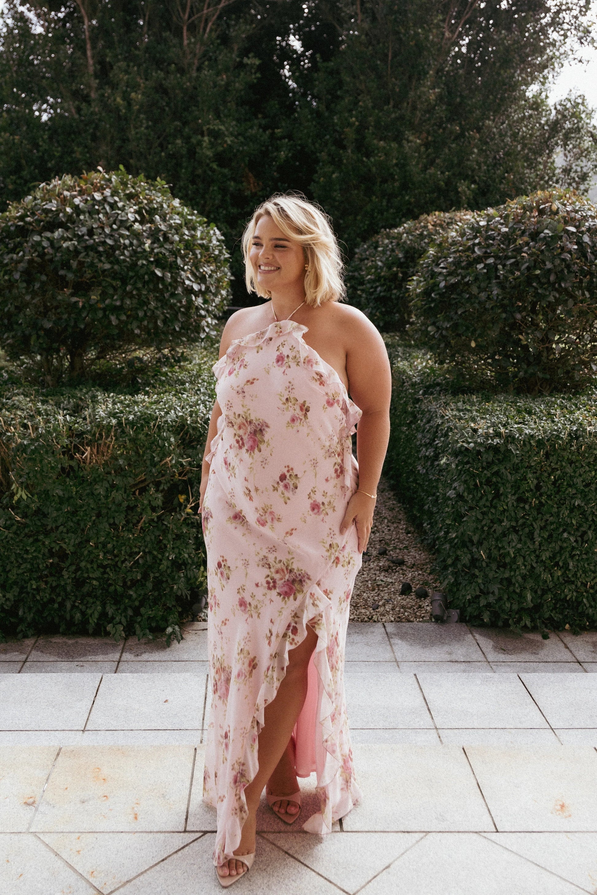 Ruffle-Halter Floral Maxi Dress