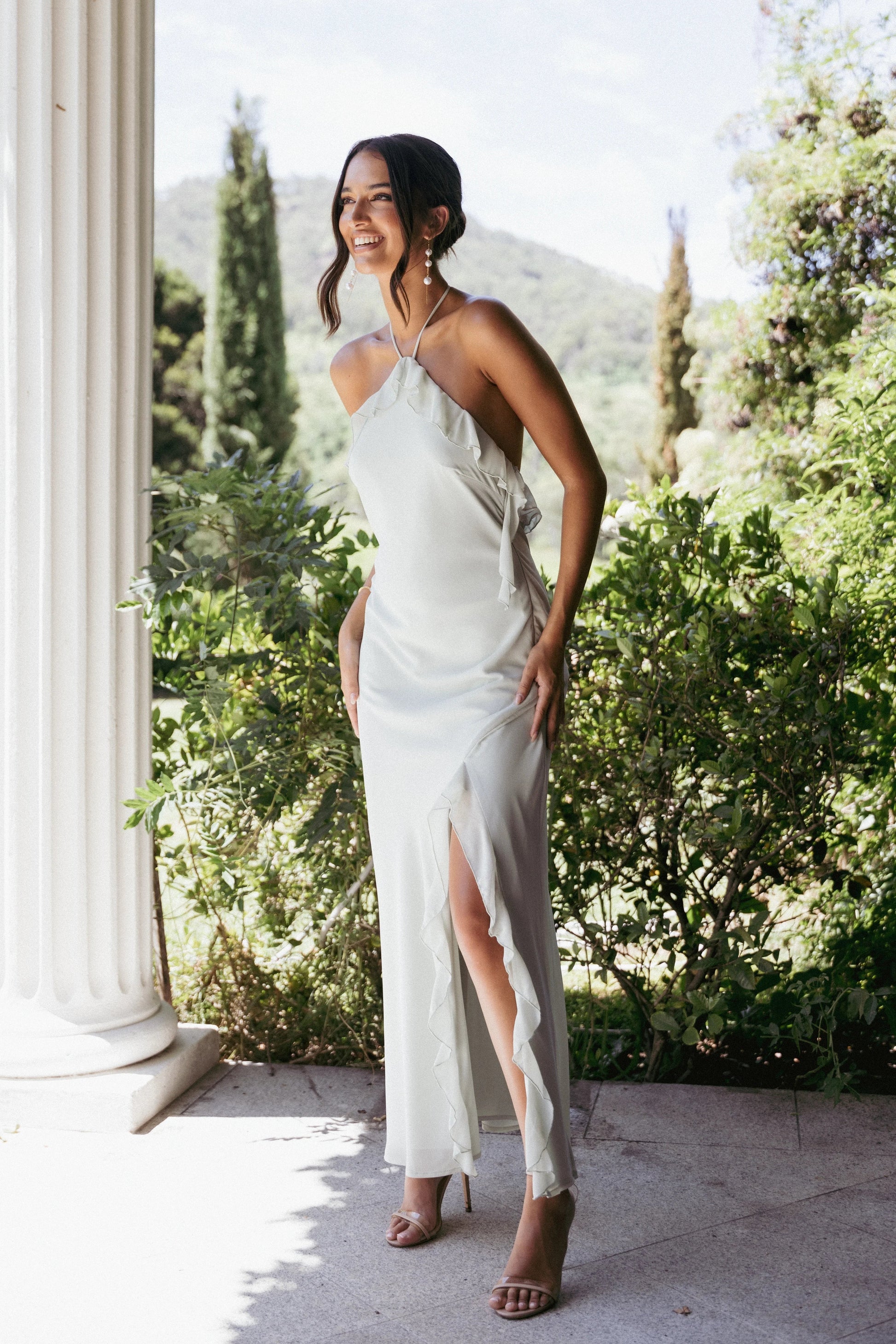 Ruffle-Halter Floral Maxi Dress