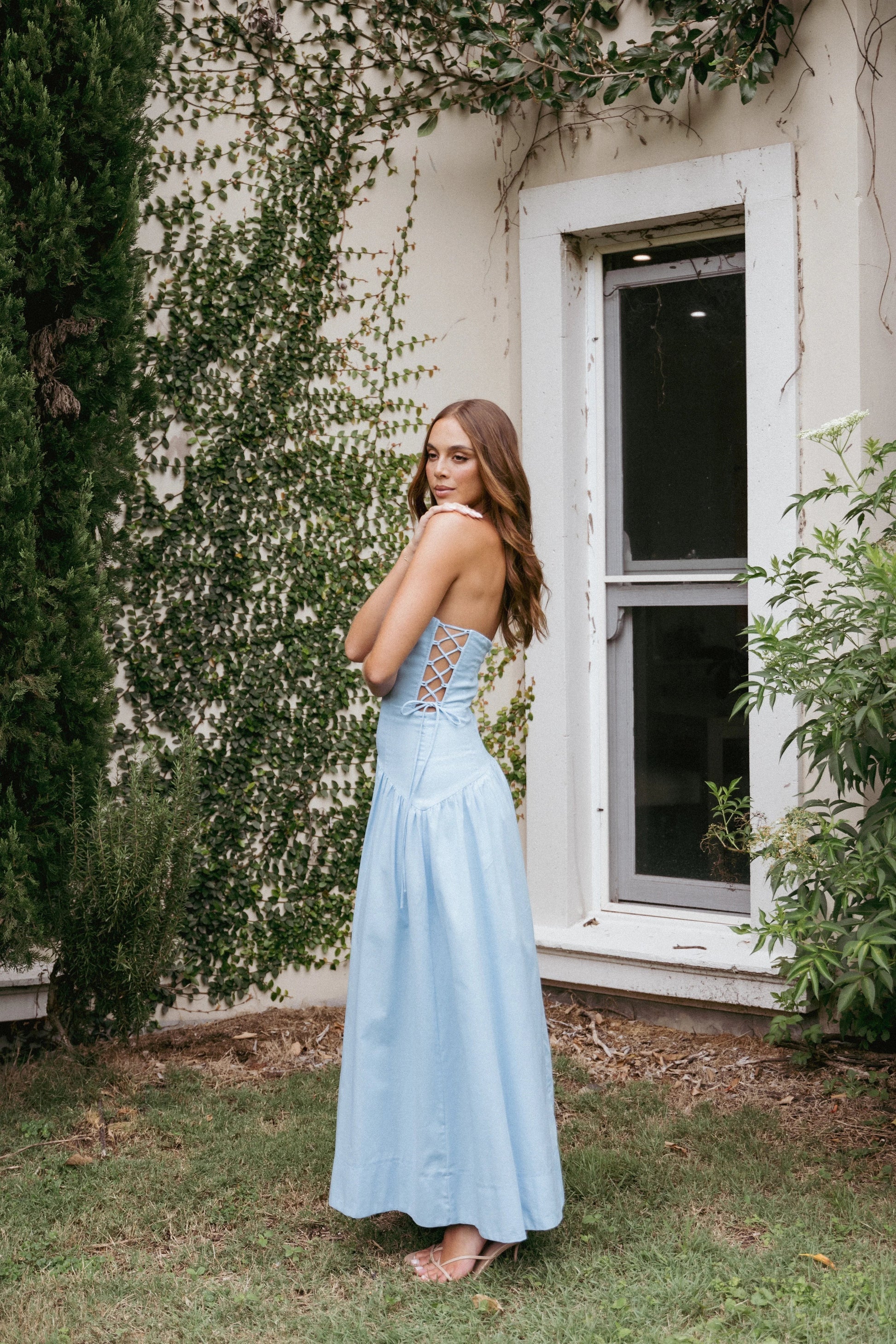 Side-Tie Bodice Boned Maxi Dress