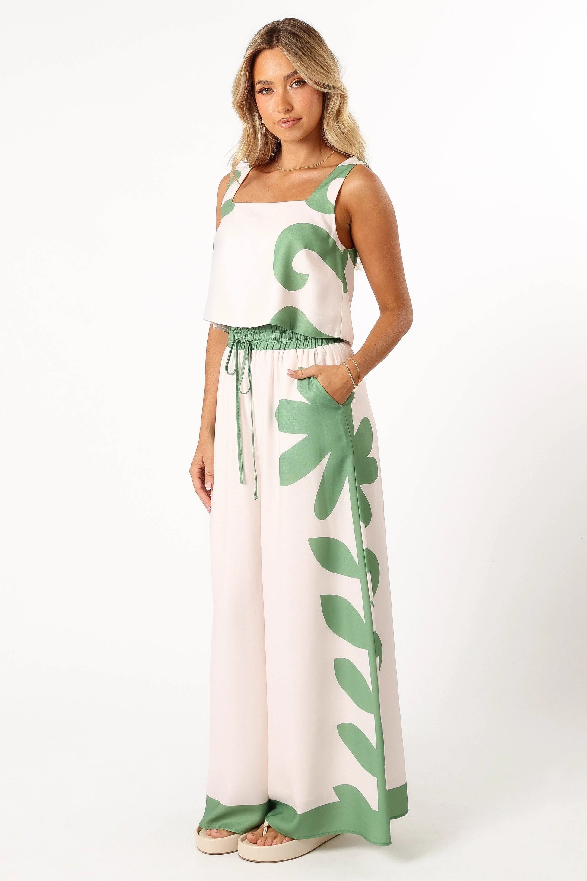 Square-Neck Linen-Blend Top & Wide-Leg Pants Set