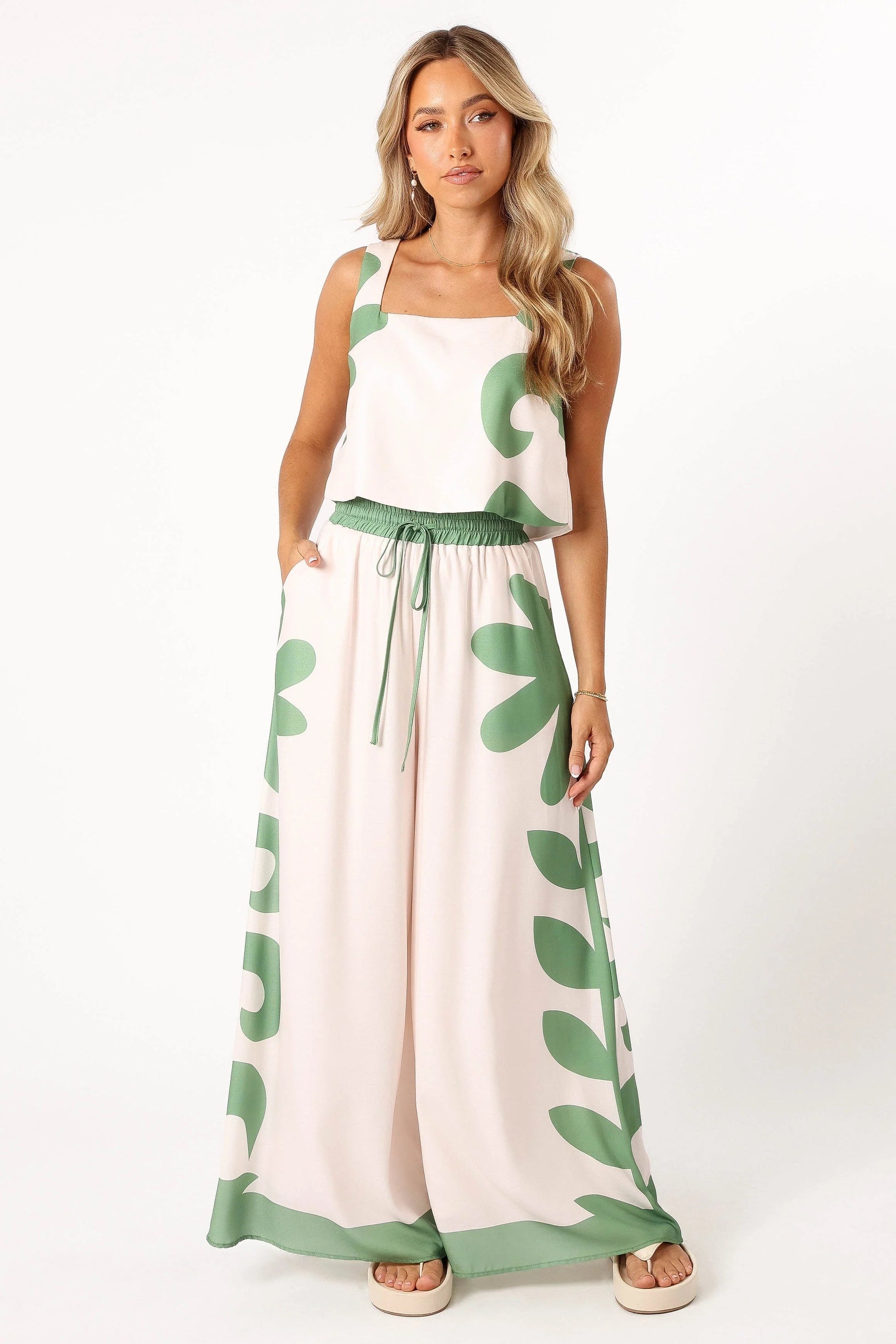 Square-Neck Linen-Blend Top & Wide-Leg Pants Set
