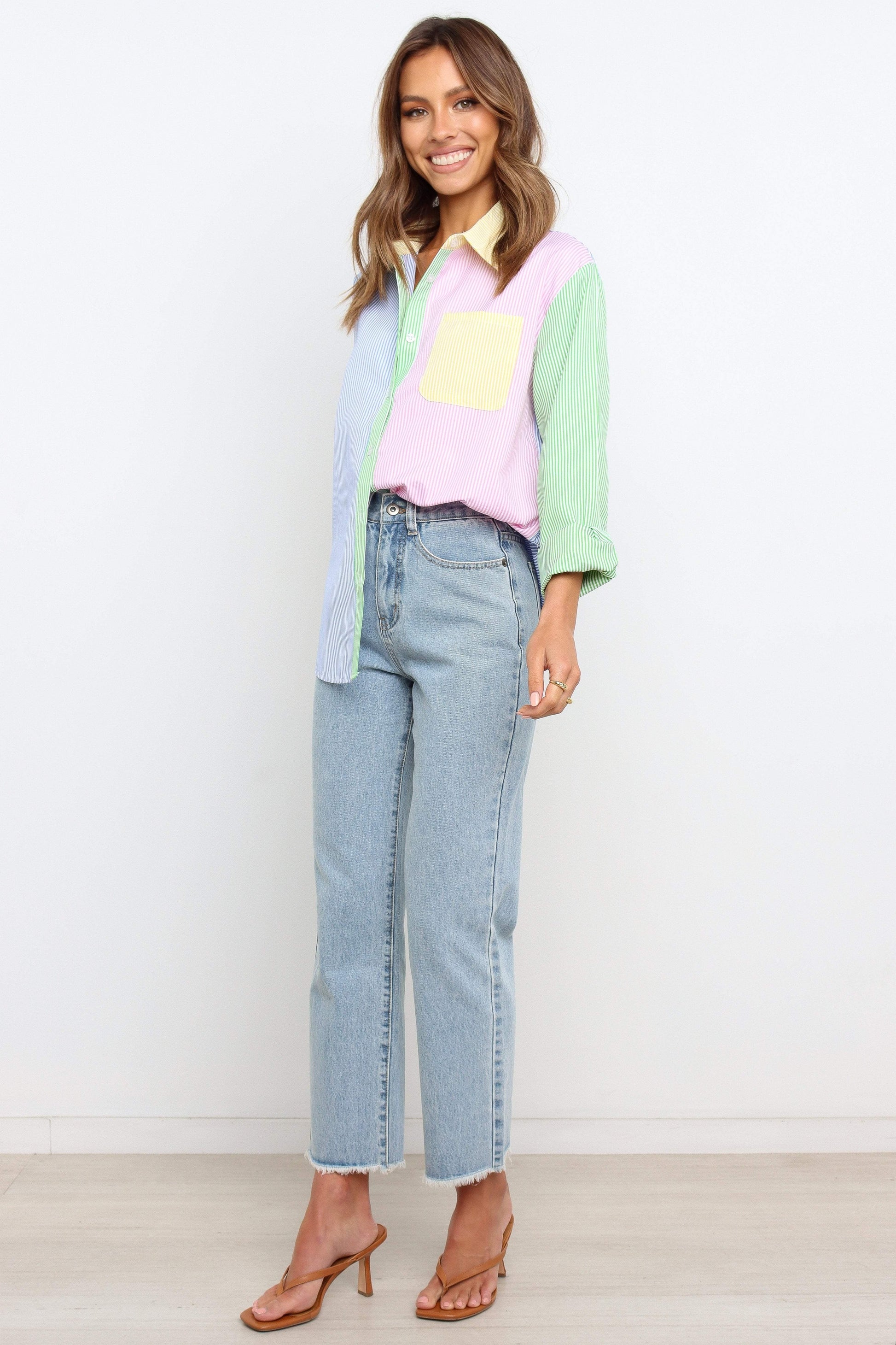 Striped Collared Button-Down Top