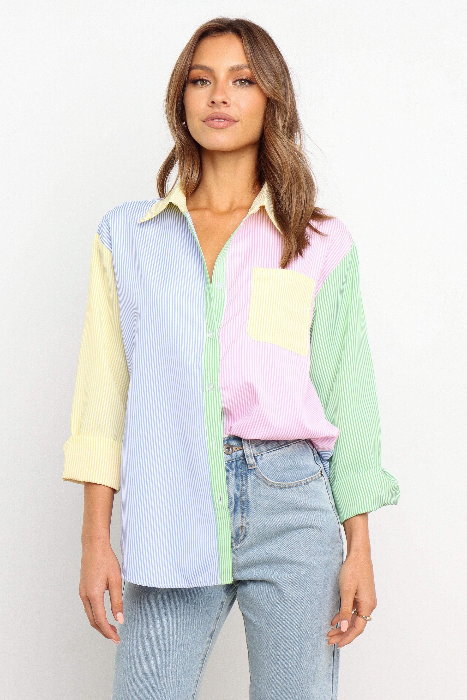 Striped Collared Button-Down Top