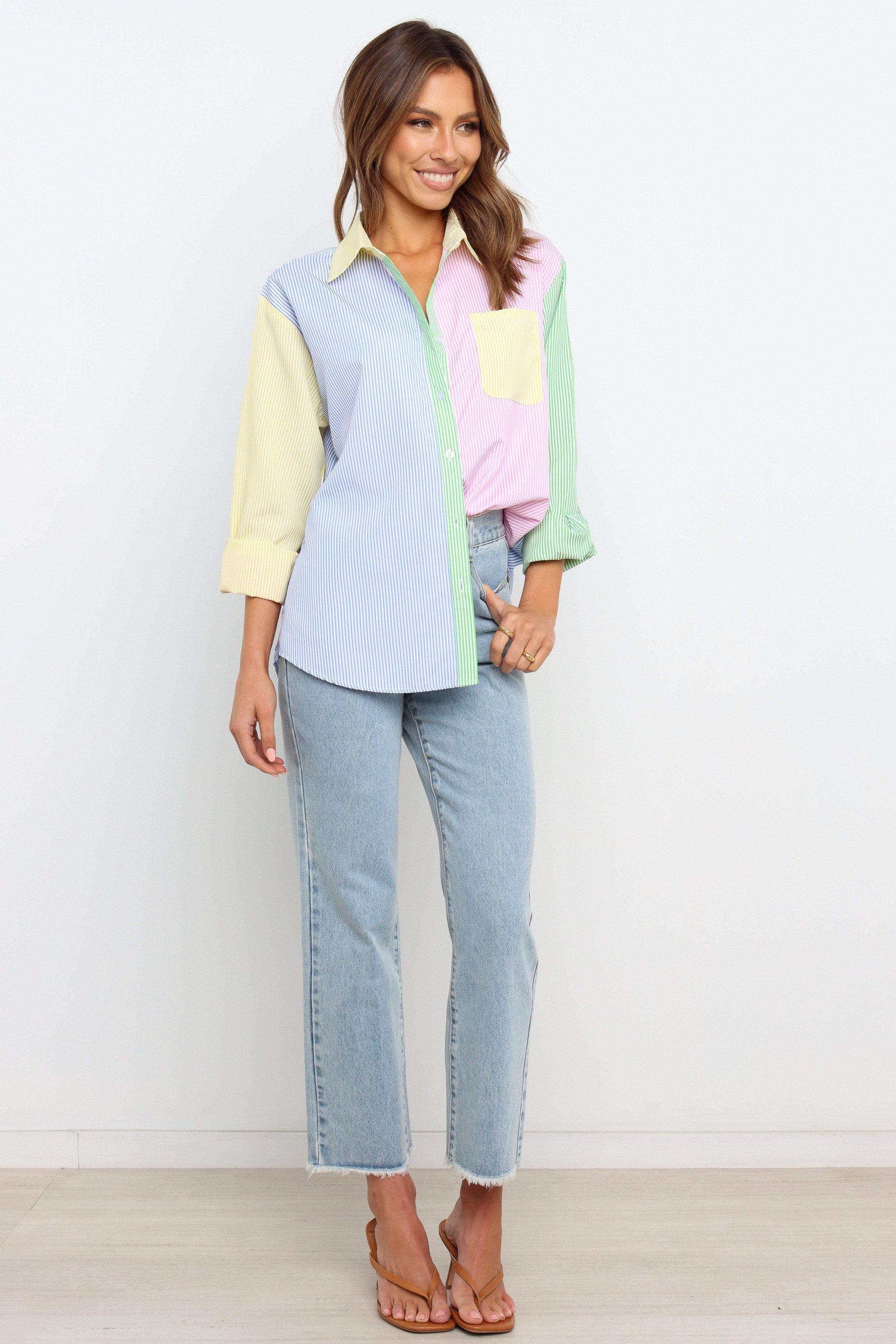 Striped Collared Button-Down Top