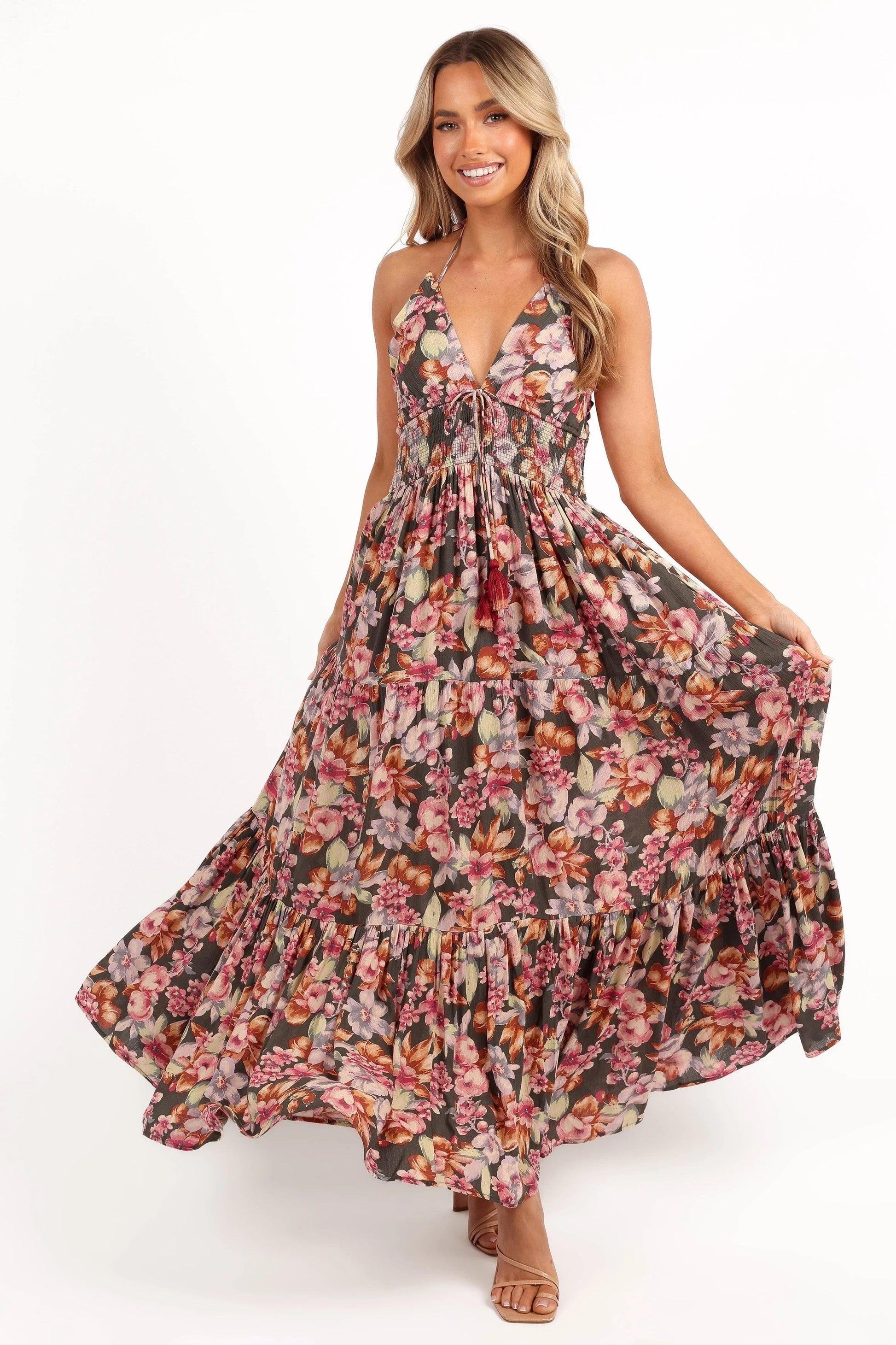 Tassel-Tie Halter Maxi Dress