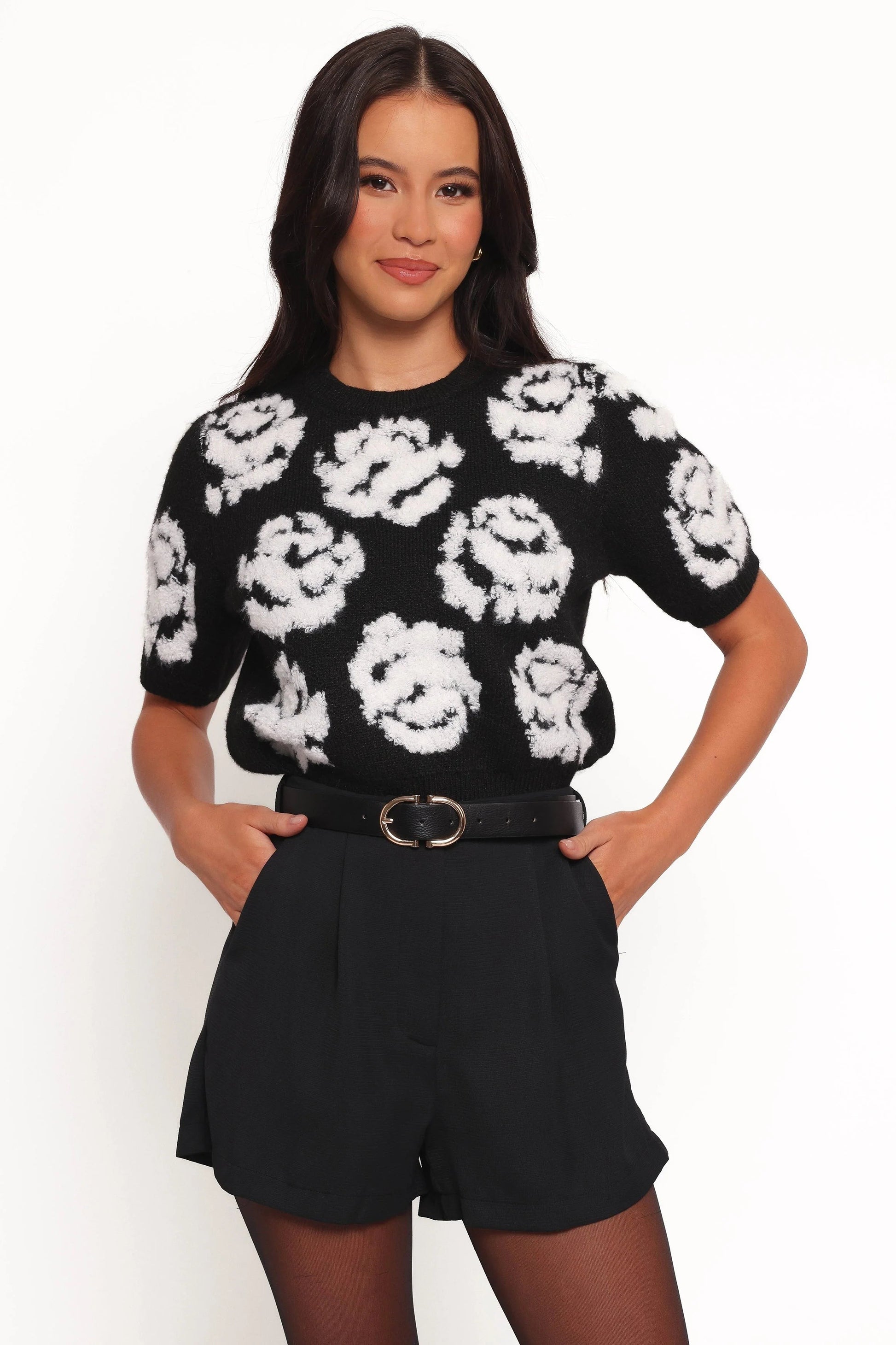 Textured Floral Crop Knit Sweater