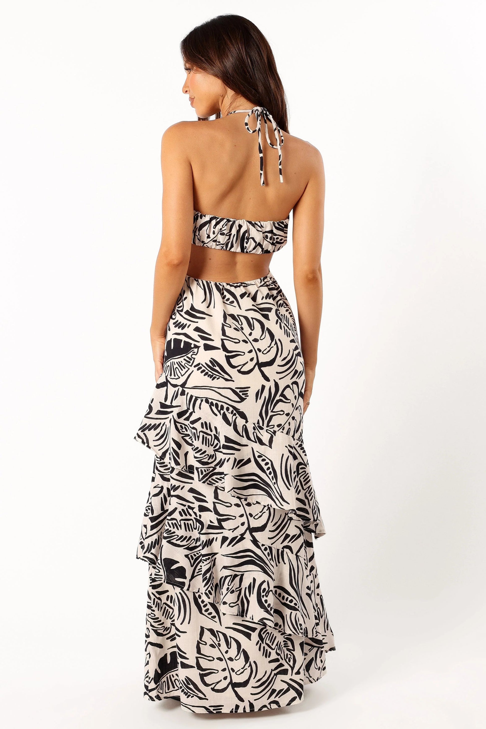 Tropical Halter Tiered Maxi Dress